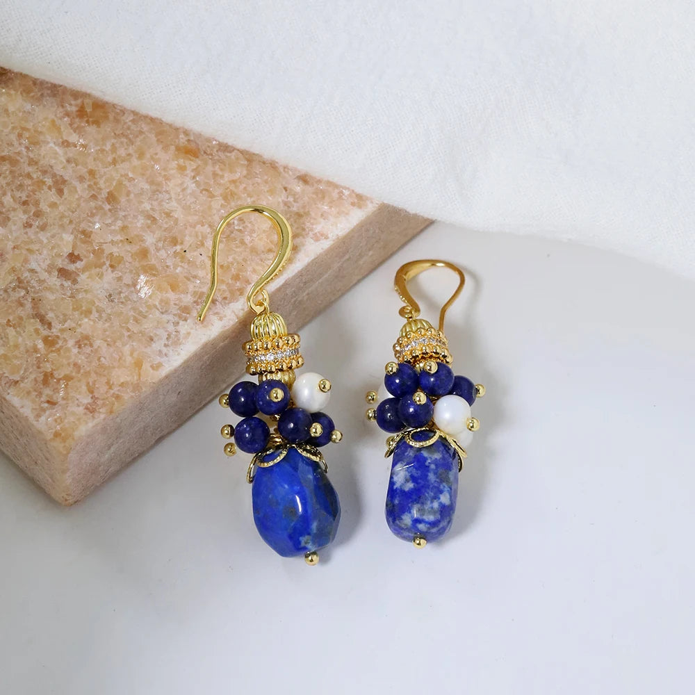 Natural Freshwater Pearl Lapis Lazuli Flower Earrings Korean Style Women Luxury Jewelry Fashion Ladies and Girls Gift GE1550