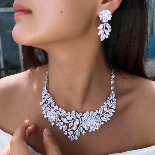 Sparking White Cubic Zirconia Flower Leaf Shape Exaggerating Earrings Necklace Luxury Bridal Wedding Big Jewelry Set for Women