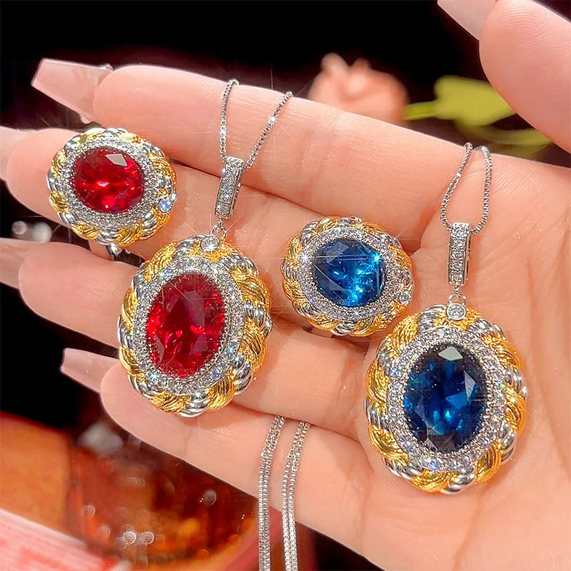 Gemfiori Fashionable Oval Red Blue Zircon Pendant Retro Wedding Bride Engagement Jewelry Set