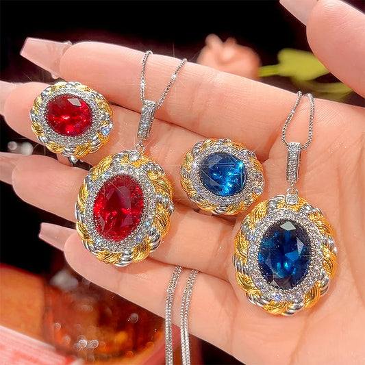 Gemfiori Fashionable Oval Red Blue Zircon Pendant Retro Wedding Bride Engagement Jewelry Set
