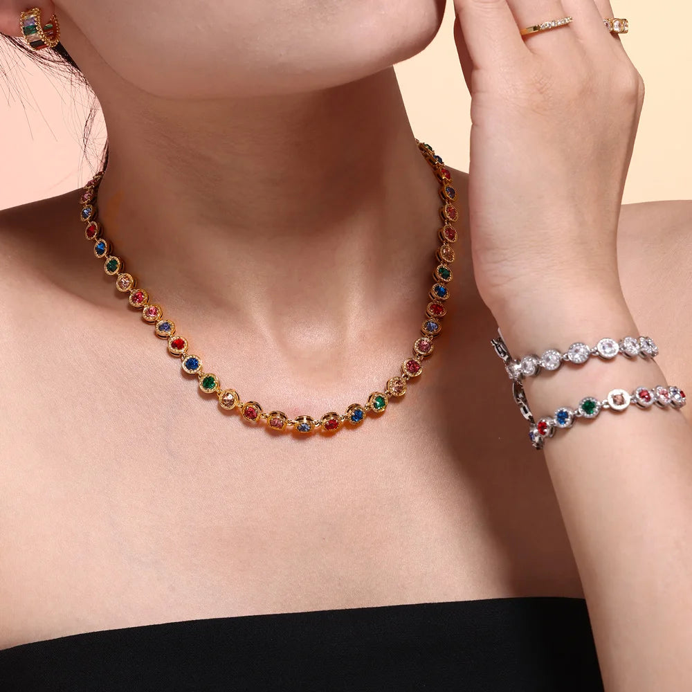 REDheart New Stainless Steel Full Drill 3A Zircon Mixed Color Bracelet PVD Vacuum Electroplating Does Not Fade Necklace Jewelry Set