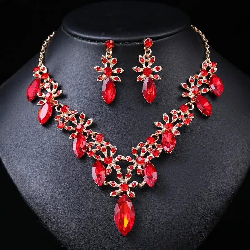 XM S374 Silver Plated Princess Cut Crystal Rhinestone Floral Necklace & Drop Earrings Set
