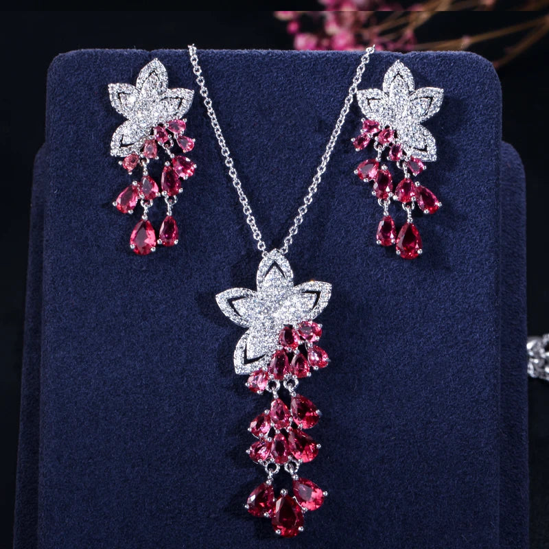 High Quality Geometric Flower Design Cubic Zirconia Crystal Women Rose Gold Color Tassel Earrings Necklace Pendant Jewelry Sets