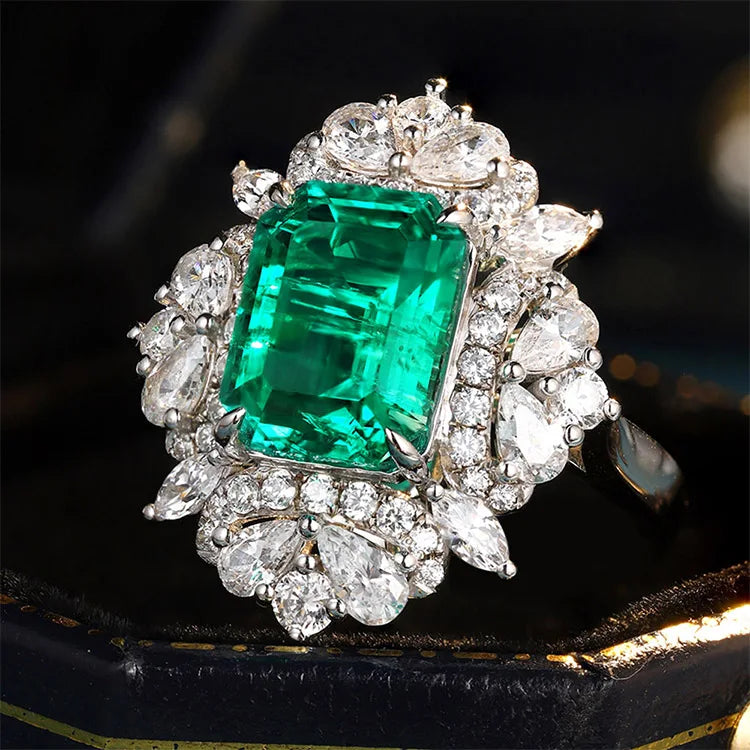 Gemfiori Vintage Jewelry Ring Lab Grown Emerald Rings Solid Gold 14K 18K Statement Rings Charm Christmas Gift Diamonds