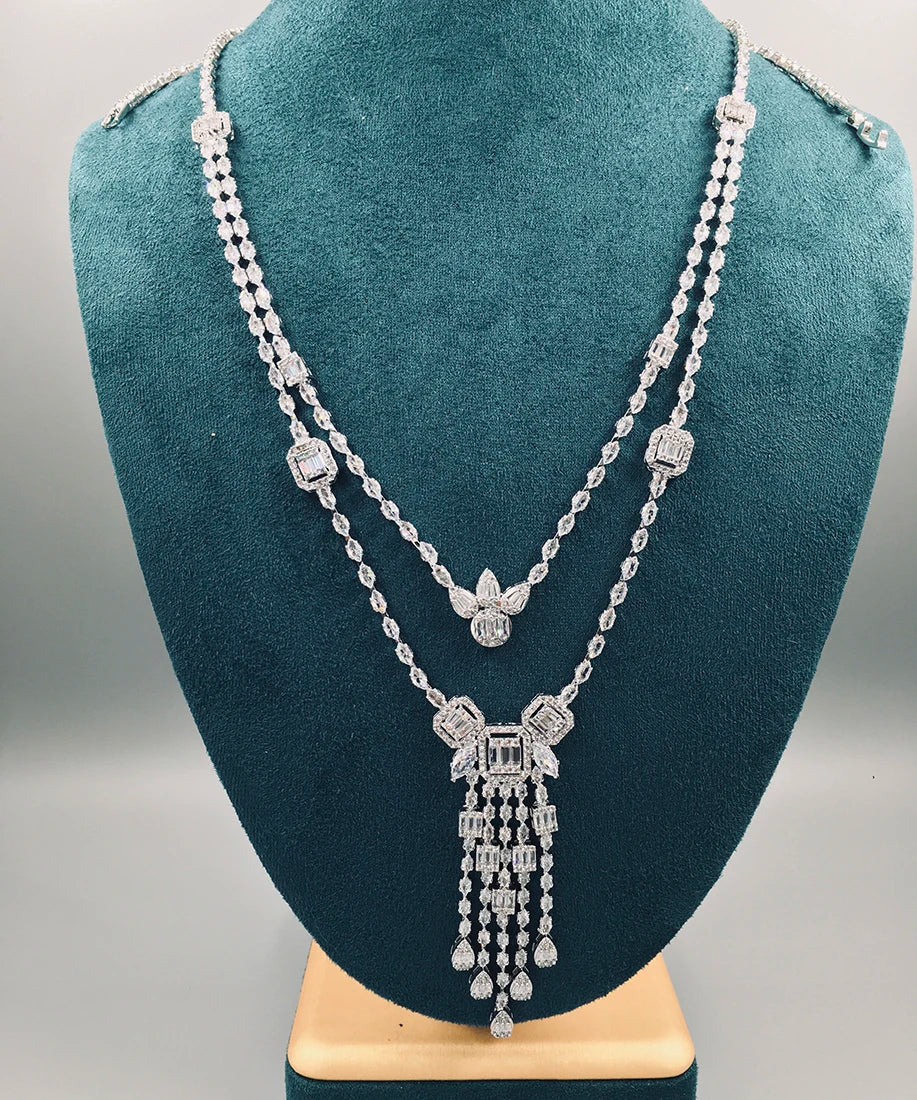 Luxury Full-Paved Radiant-Cut Zirconia Double-Layer Long Tassel Pendant Necklace & Earrings Set — Rhodium Plated