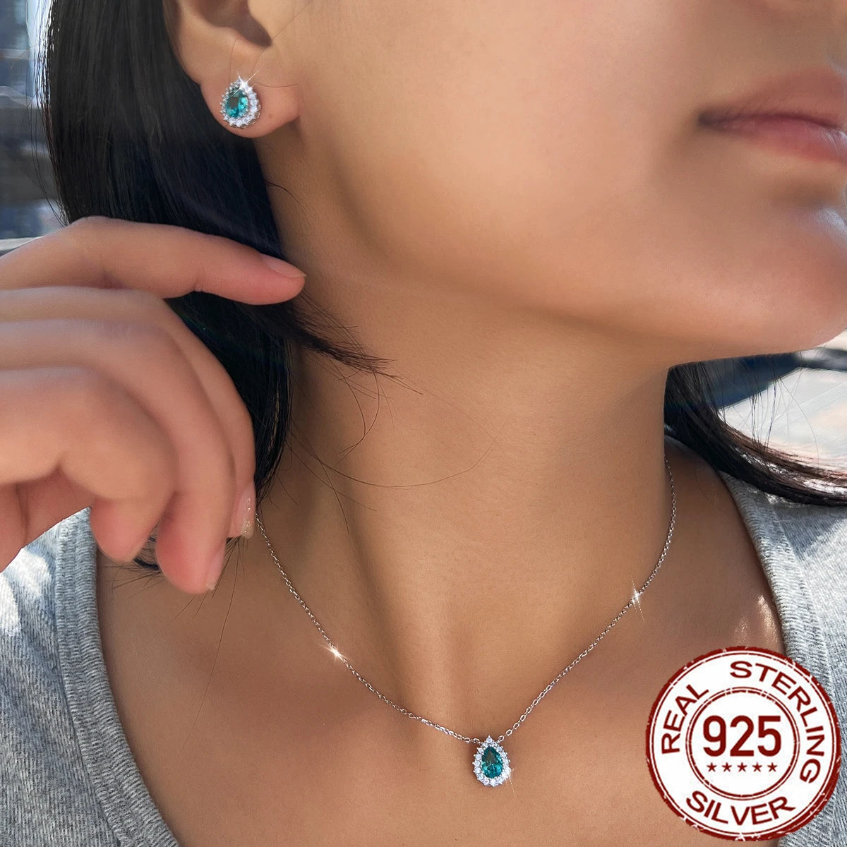 Elegant Fine Zirconia Jewelry Set 925 Sterling Silver Blue Paraiba CZ Drop Pendant Necklace Earrings Jewelry Set for Women Party