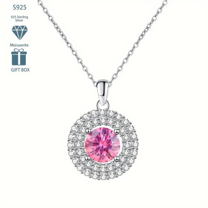 Dainty Double Halo Set Round Cut 1ct VVS GRA Colored Moissanite Jewelry Trendy 925 Sterling Silver Disc Pendant Necklace