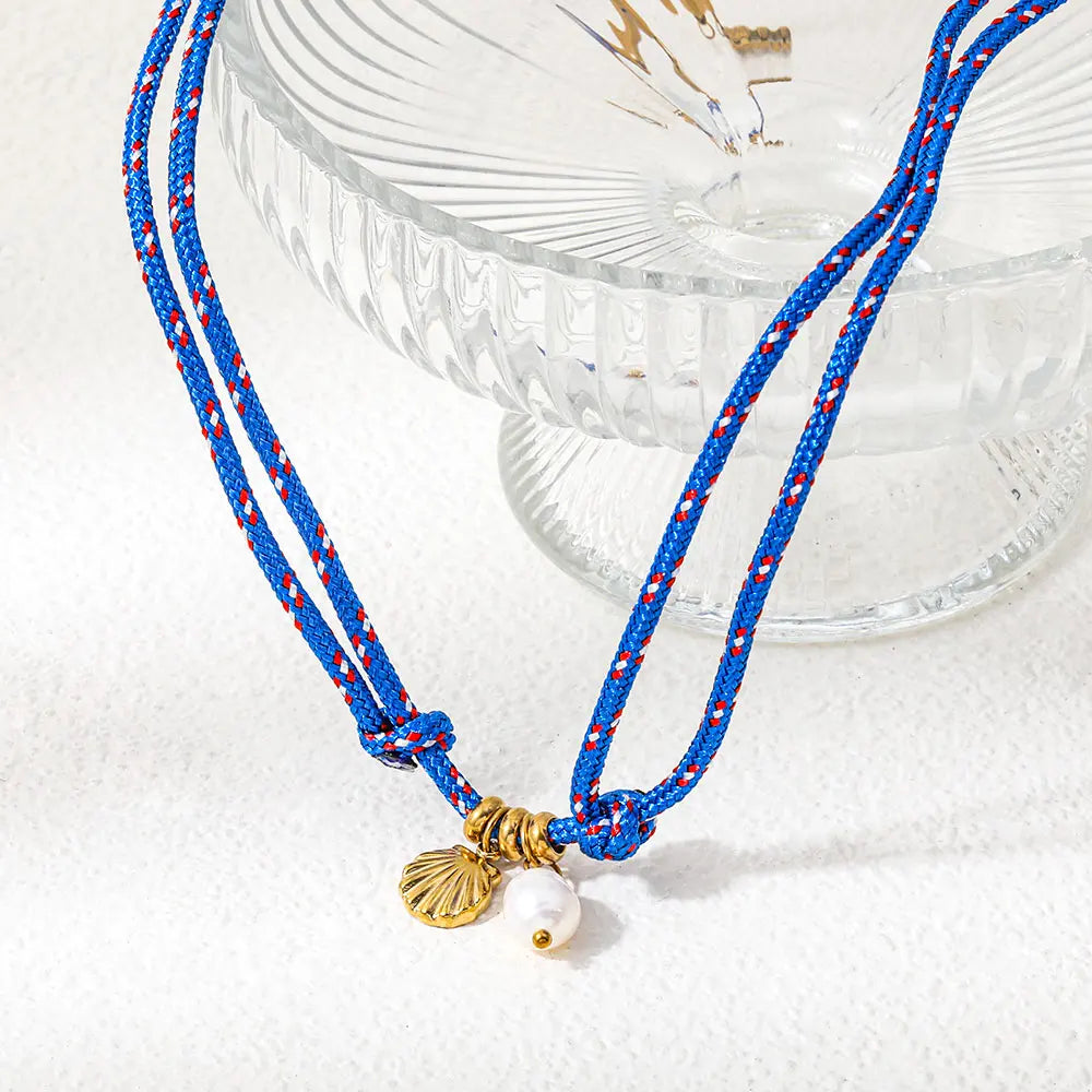 Joolim PVD Plated Wholesale Waterproof Fashion Nautical Shell Pearl Pendant Nylon Rope Chian Necklace Stainless Steel Jewelry