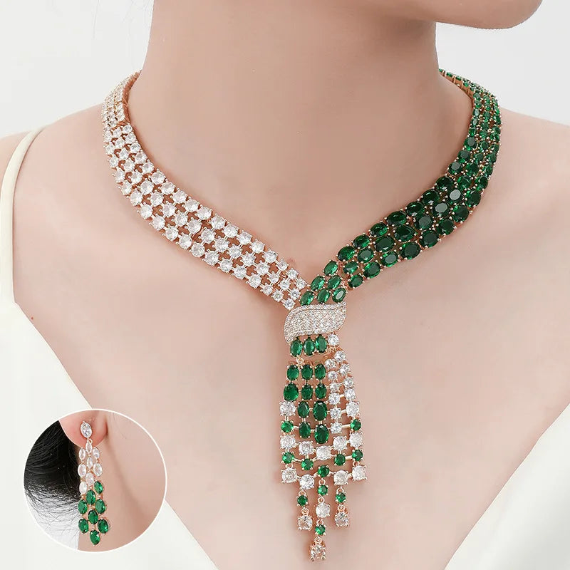 Luxury Oval-Cut Zirconia Dubai & Moroccan Tassel Statement Necklace & Earrings Bridal Set — Gold & Rhodium Plated