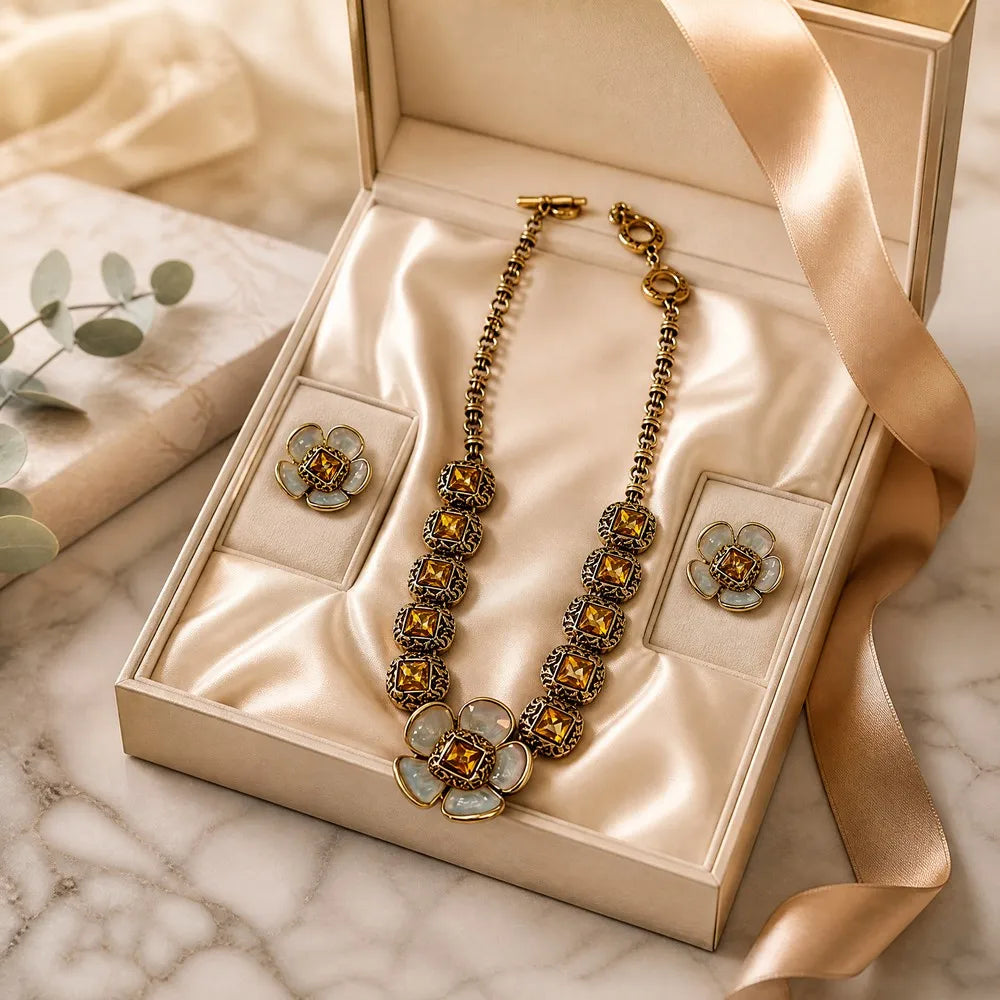 ArtistA Vintage Alloy Gold-Plated Inlaid Opal Necklace and Earring Jewelry Set