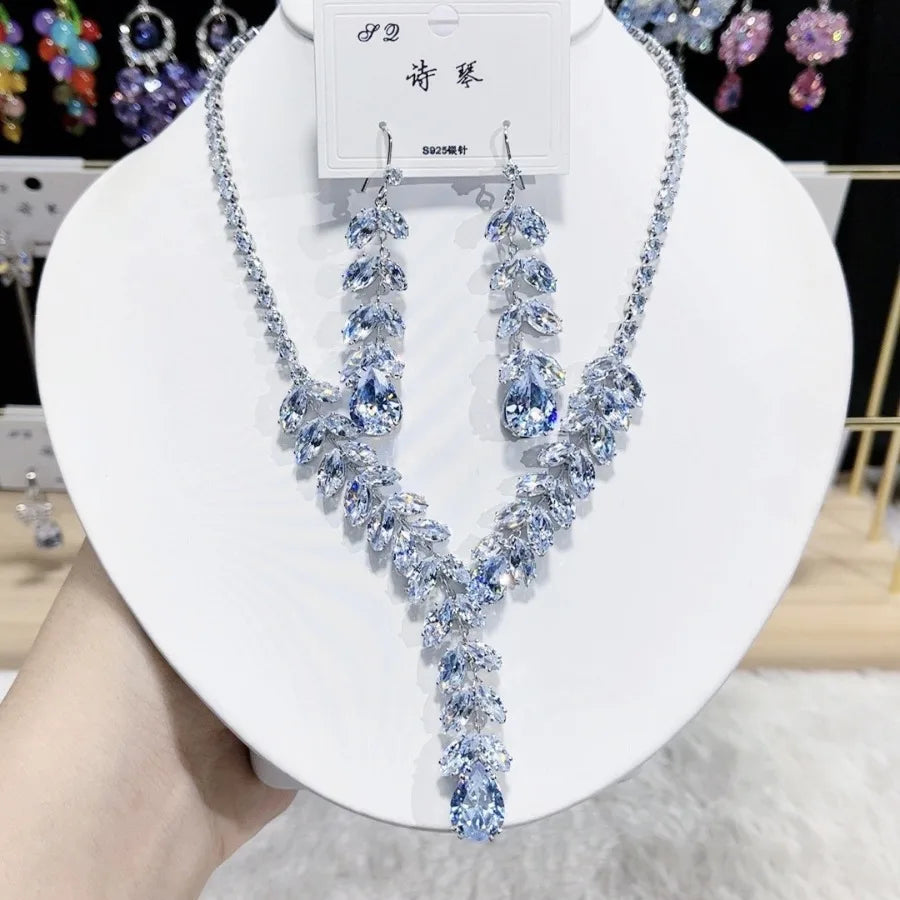K062 Hot Selling Women Trendy Luxury Leaves Zircon Bridal Necklace Earrings Set Wedding Elegant Jewelry Set
