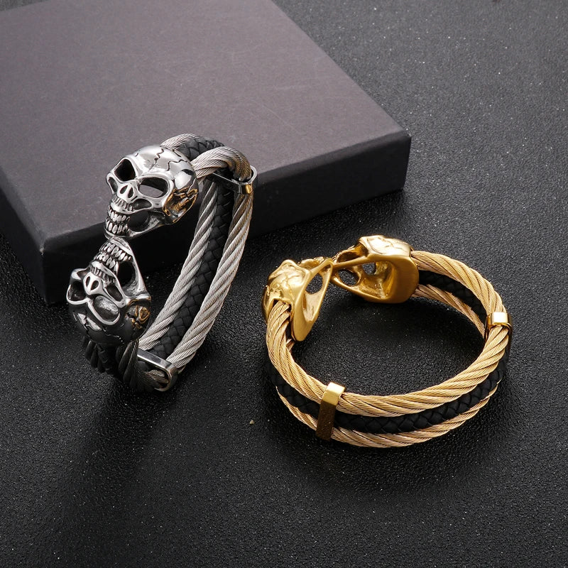 REBEL Punk Silver/Gold/Black/Grey Stainless Steel&Double Skin Skull Cuff Bangle Bracelet