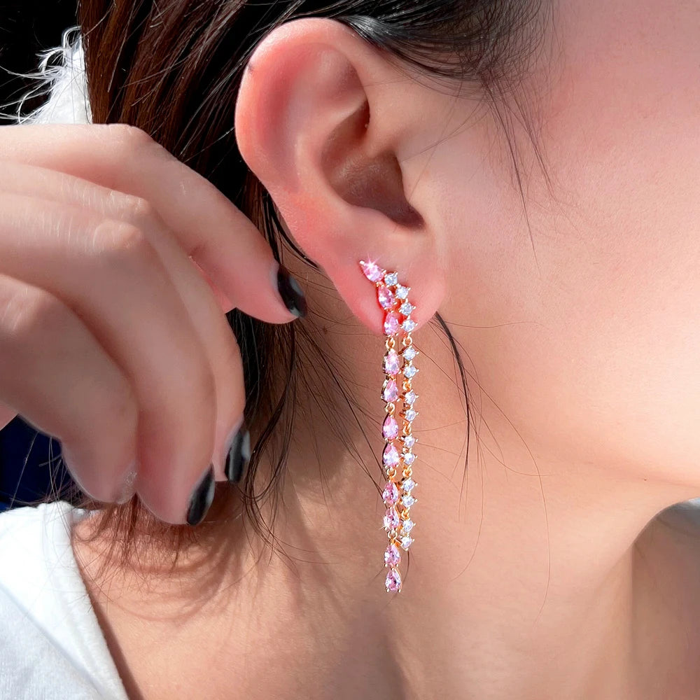 S&S Pink CZ Long Tassel Ear Line Drop Earrings – 7cm Gold Plated – Collection