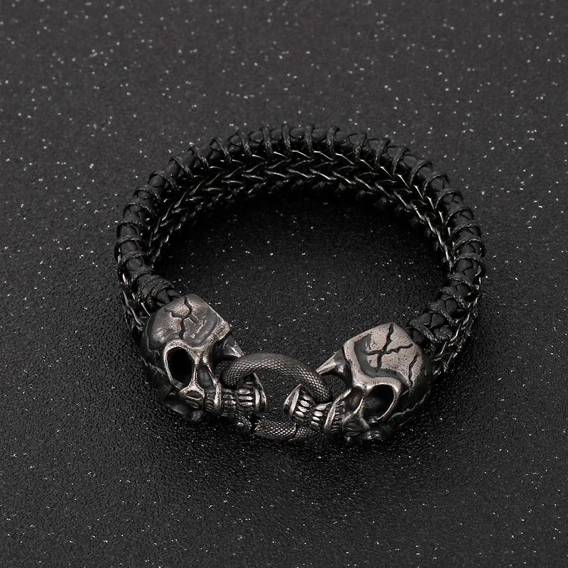 KALEN Punk Skull Fashion Jewelry Bracelets Stainless Steel Cowhide Leather Bracelet Bangle