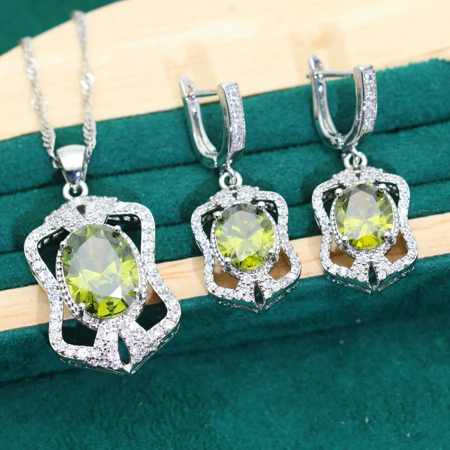 XOTICA 2024 New Classic 925 Silver Jewelry Set Olive Green Zircon Wedding Bracelet Pendant Ring for Women's Engagement Birthday Gifts