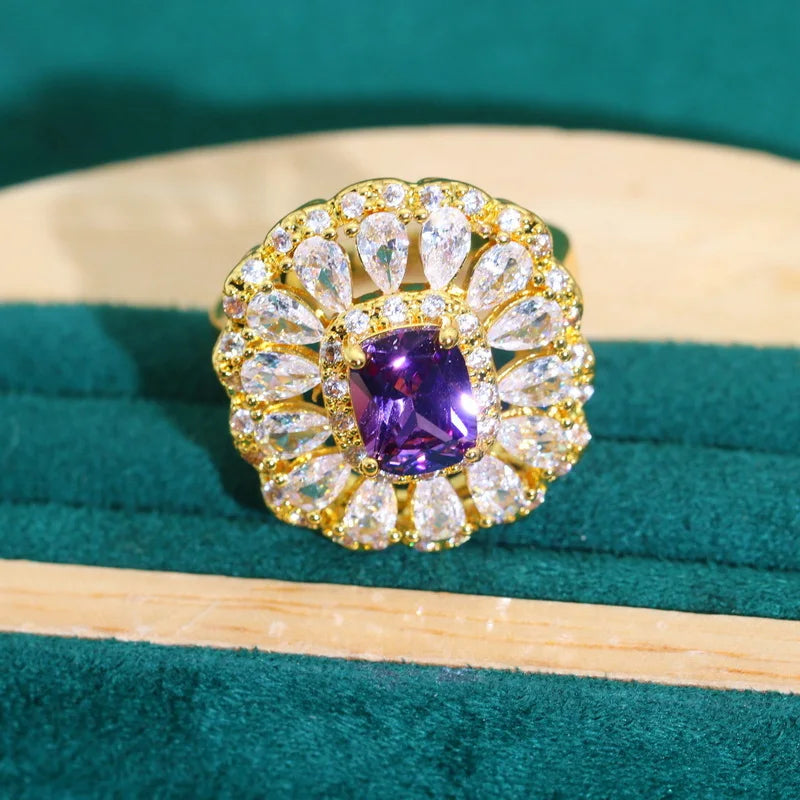 XOTICA Noble Purple Zircon Jewelry Set for Women Gold Color Earrings Necklace Pendant Ring Bracelet for Wedding Party Birthday Gifts