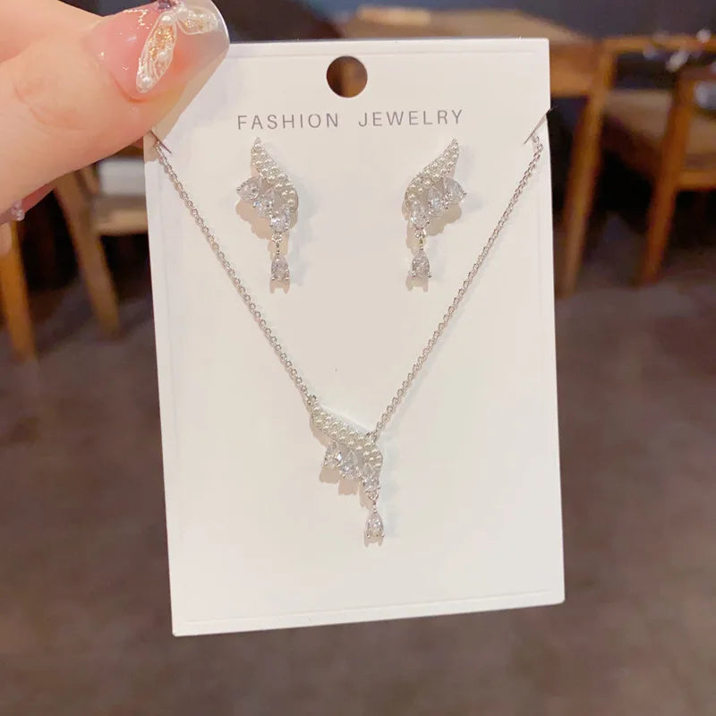 High Quality Fashion Luxury Teardrop Zircon Necklace and Earrings Set Classic Real Gold Plated Jewelry Set for Women