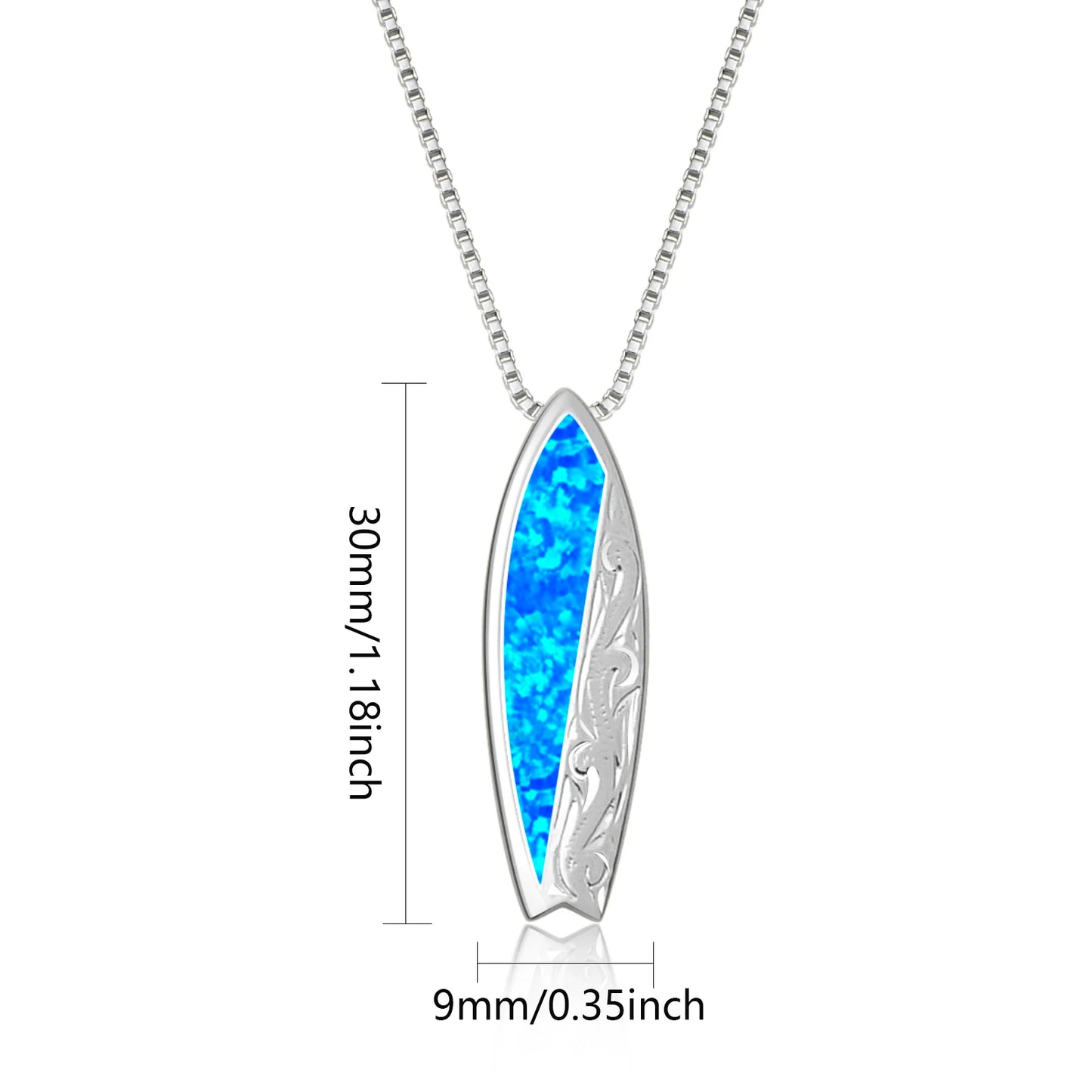 Hawaii Beach Surfboard Women's Lab Created Blue Opal Silver Plated Copper Alloy Box Chain Necklace for Anniversary