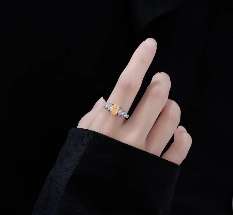 SILVERELLI Egg-Shaped Yellow Diamond Ring | 925 Sterling Silver | High Carbon Diamond