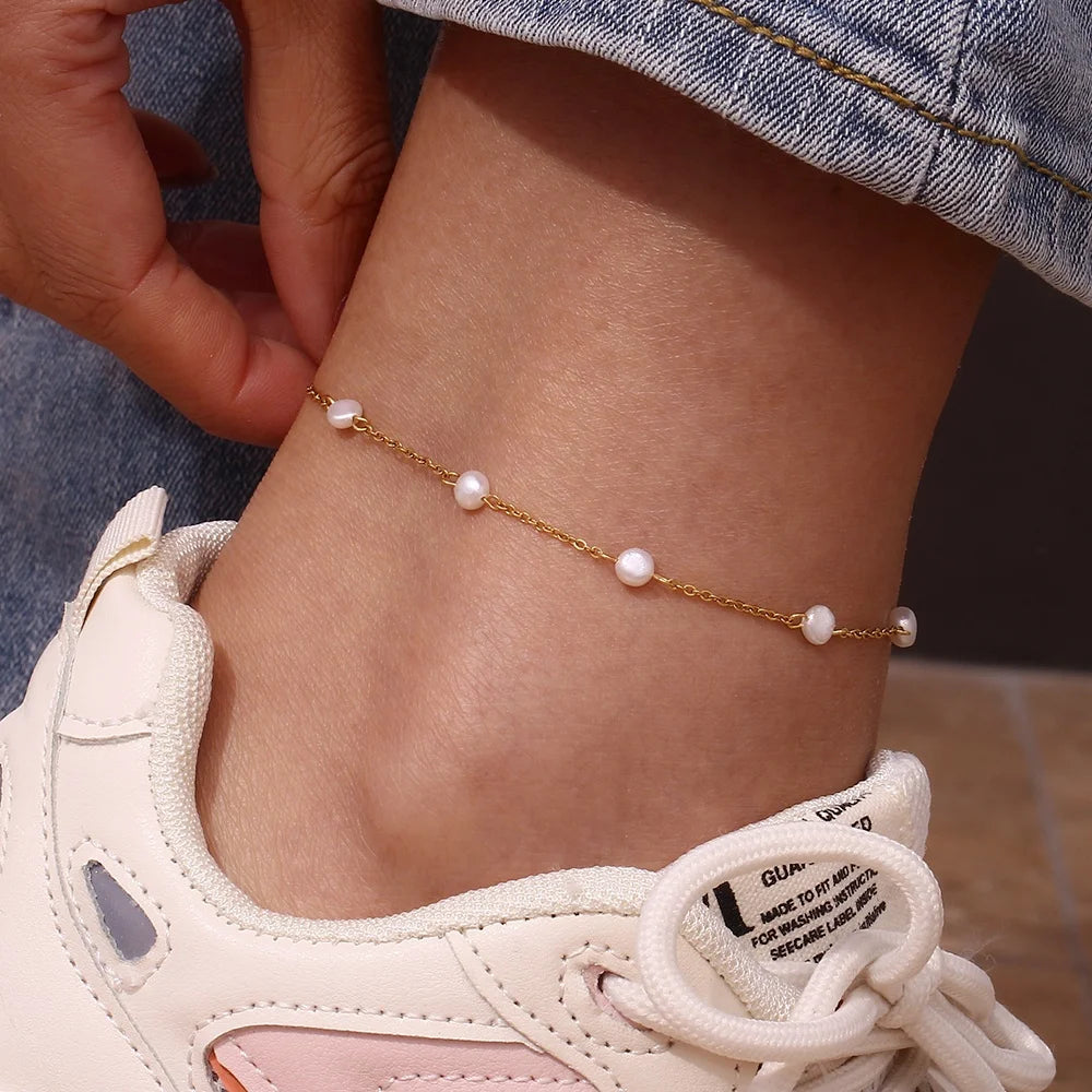 Dreamshow Jewelry Anklet Set Fresh Water Pearl 18k Gold Plated Stainless Steel Anklets for Women