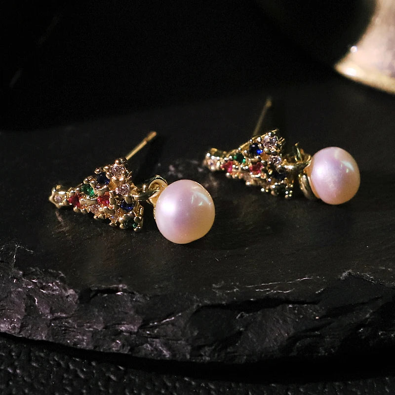 Natural Freshwater Pearl Zircon Christmas Tree Earrings Pendant Fashion Design Earrings Christmas Women's Jewelry GE1783