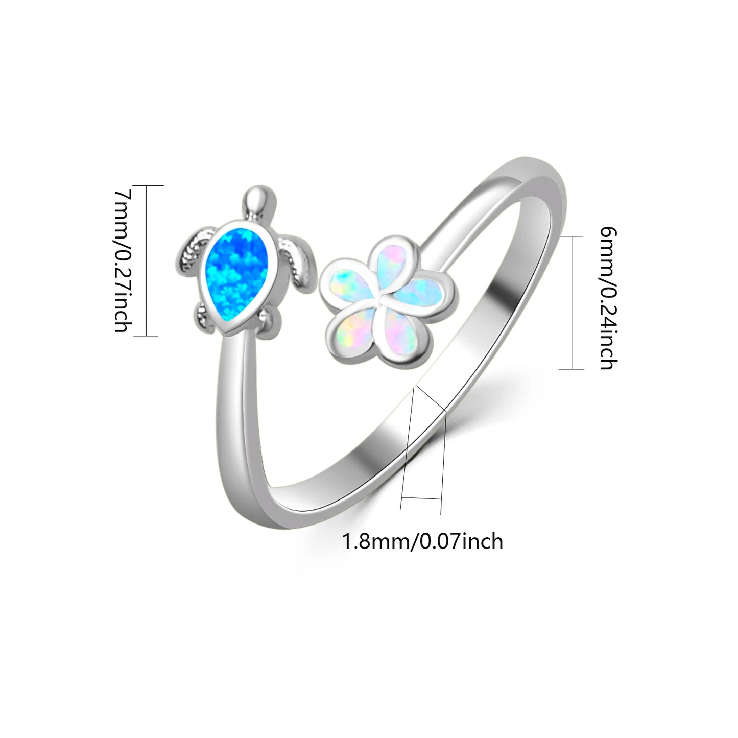 Cute Turtle & Flower Opal Open Ring | Blue/Iridescent Gem Inlay  Band | Nature-Themed Fashion Jewelry for Women