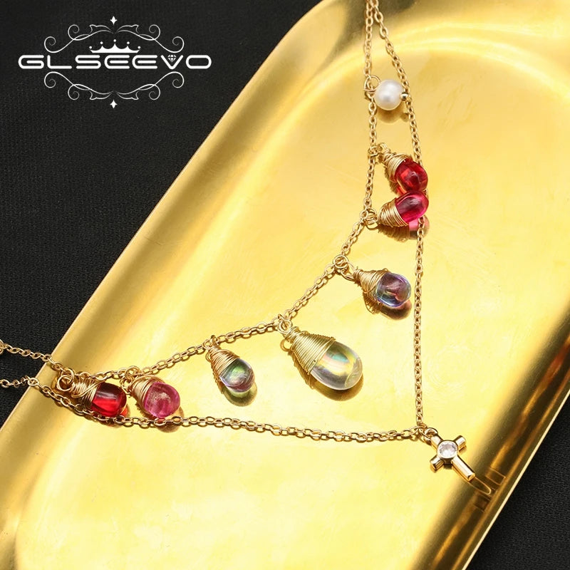 Colorful Crystal Freshwater Pearl Zircon Cross Double Layer Necklace Gold Plated Chain Removable Bridal Necklace Jewelry