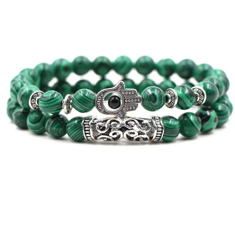 Classic Natural Silver Lion Owl Buddha Head Charm Bracelet Set for Unisex Anniversary 8mm Diamond-Embossed Bangle Chain Bead