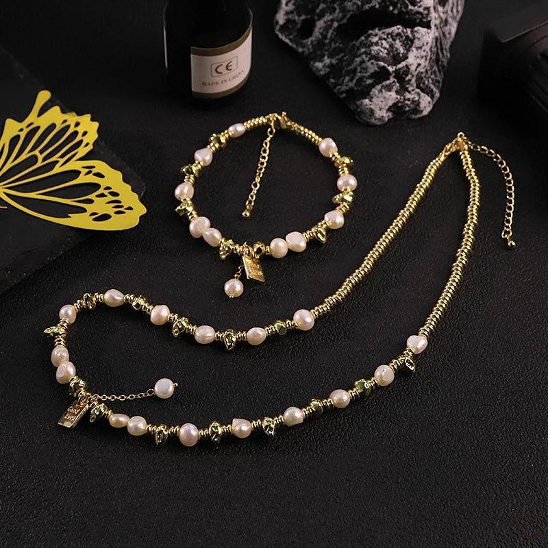 GLSEEVO Natural Baroque Pearl Jewelry Set for Women Birthday Gift 18K Gold Plated Beaded Necklace Bracelet Fashion Jewelry