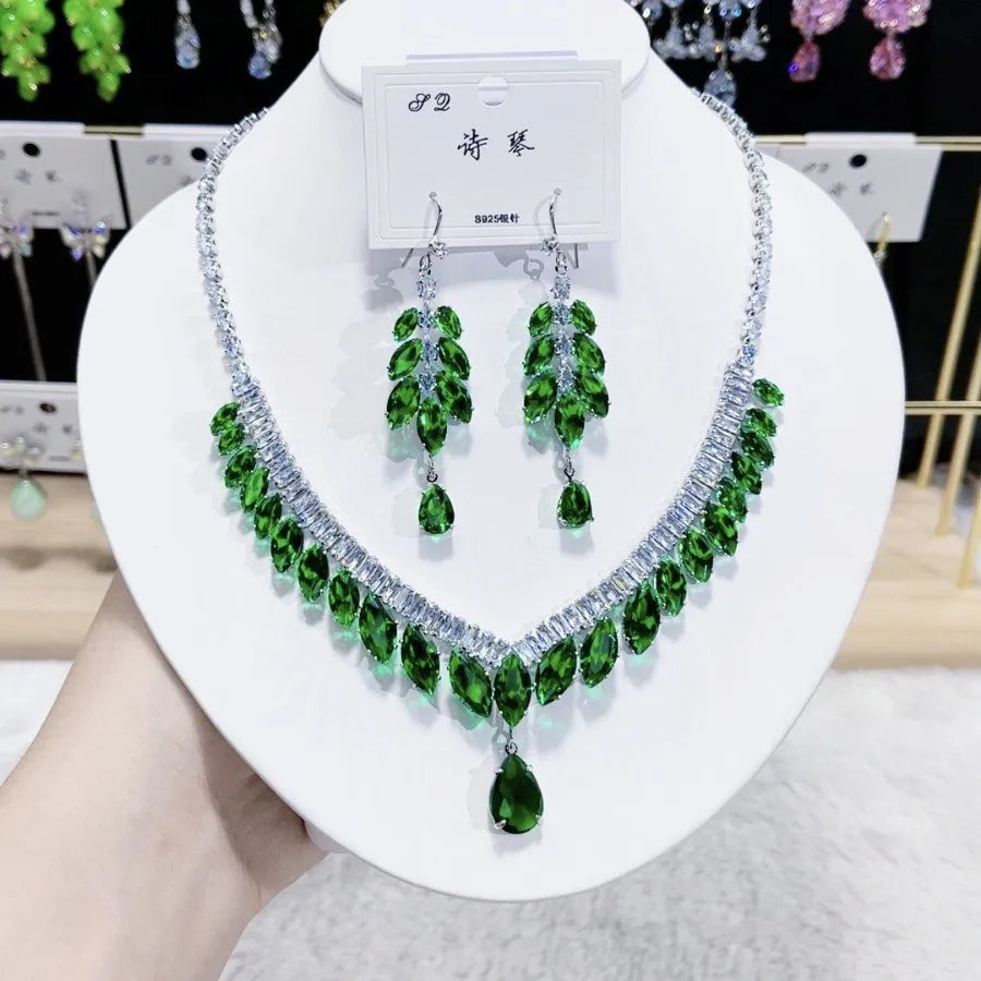 K073 High End Women Trendy Luxury Blue Water Drop Zircon Bridal Necklace Earrings Set Wedding Elegant Jewelry Set