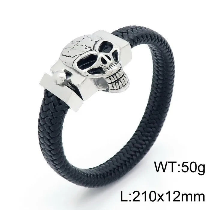 KALEN Men Punk Fashion Bracelets Fine Stainless Steel Leather Wolf Skull Bracelet Bangles