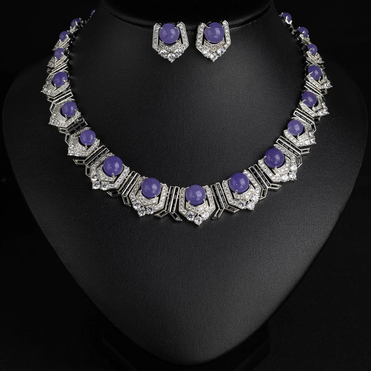 Vintage Zirconia Geometric Choker Necklace & Earrings Bridal Set — Red, Green & Purple