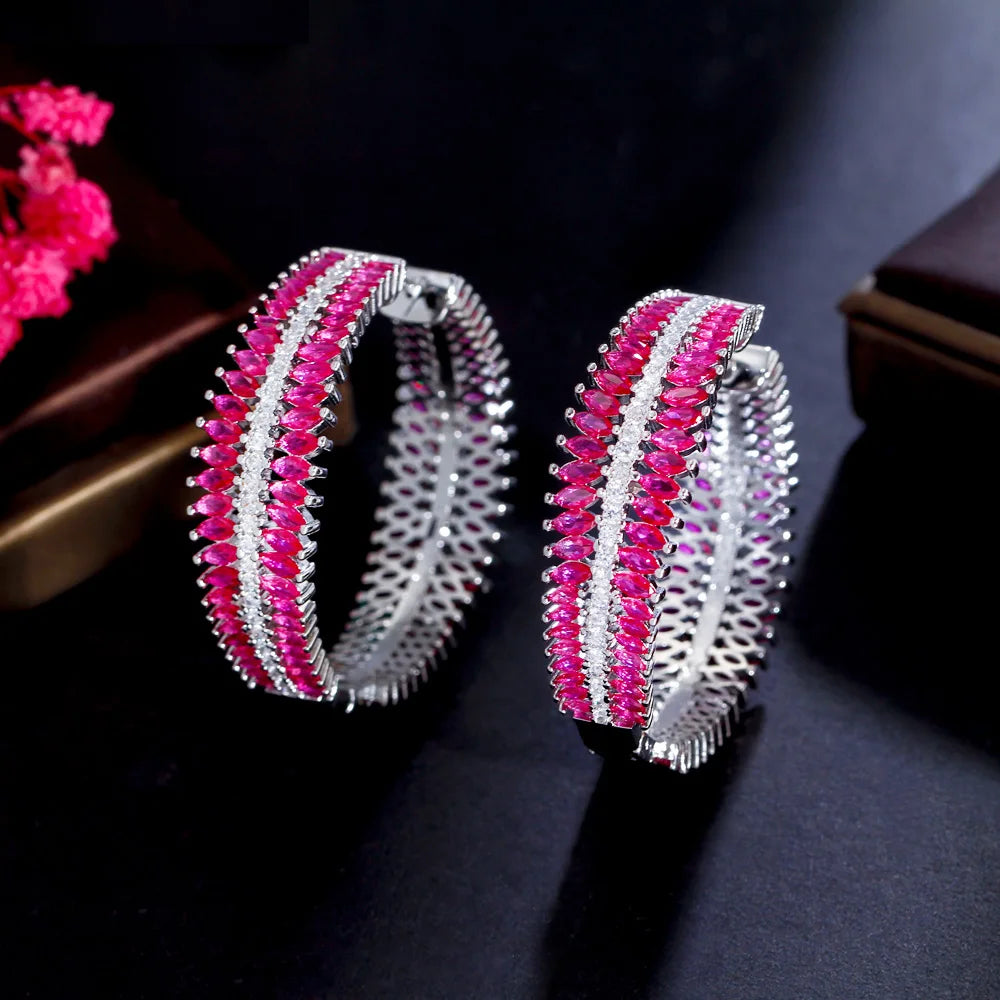S&S Fuchsia Red Marquise CZ Two-Sided Chunky Hoop Earrings – Rhodium Silver Plated – Collection