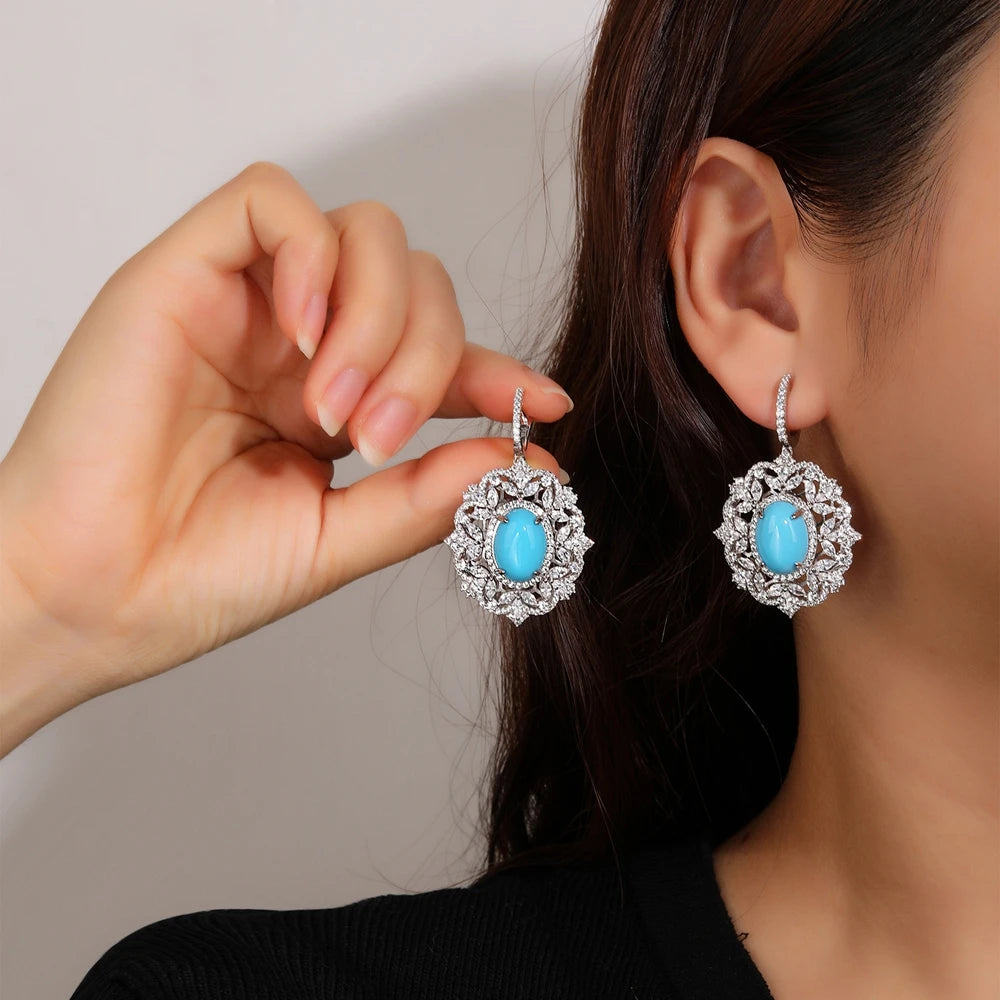 MUSHAN Women's Luxury Stud Earrings 18K Gold Plated Sterling Silver Blue Turquoise Wedding Party Gift Jewelry