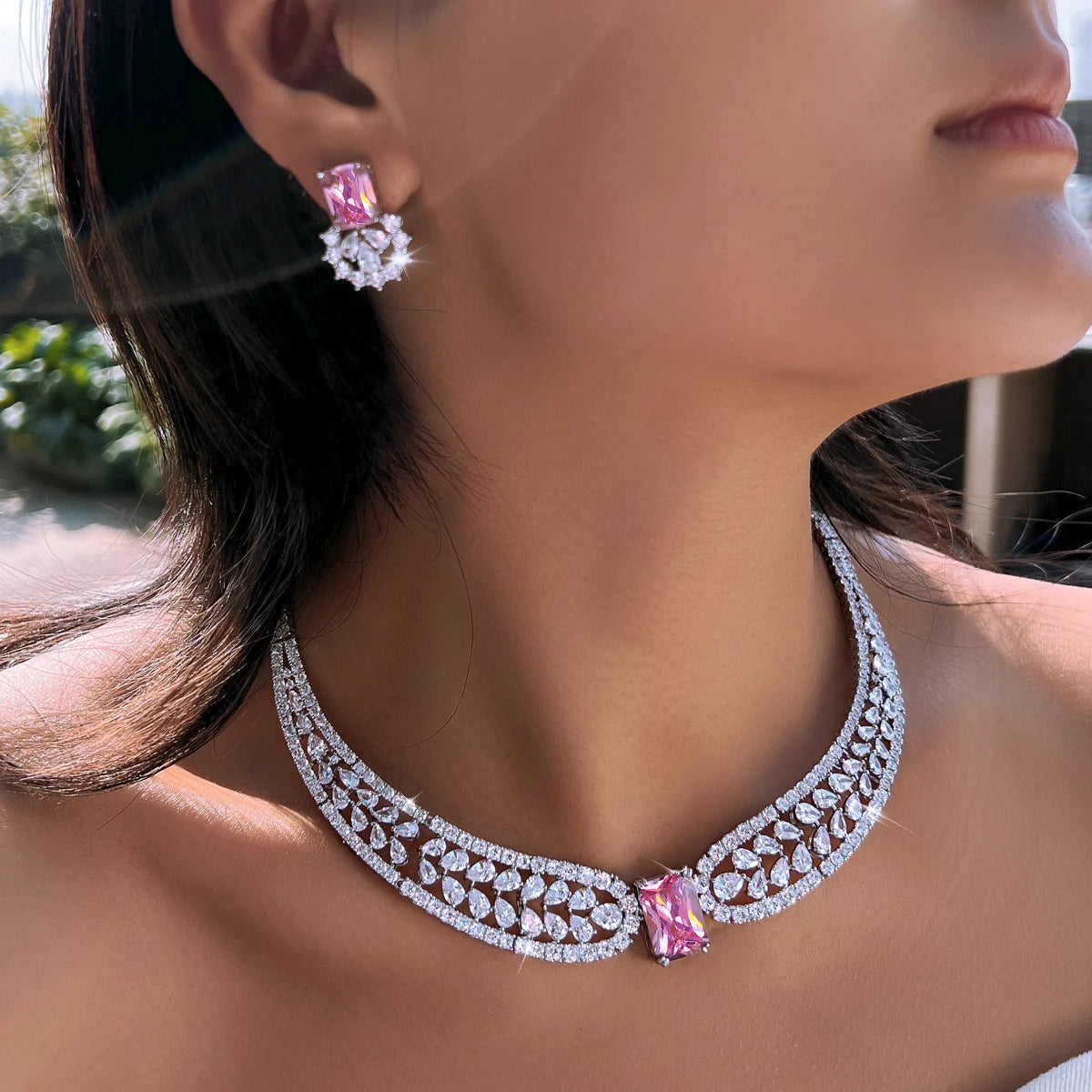 Trendy Water Drop Square CZ Crystal Jewelry Set Pink Cubic Zircon Necklace Earring Bracelet Women Engagement Costume Jewelry Set
