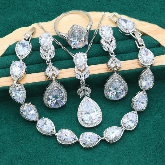 Women's Vintage Silver Jewelry Wholesale Set White Zircon Bracelet Earrings Necklace Pendant Ring for Halloween Christmas Gift