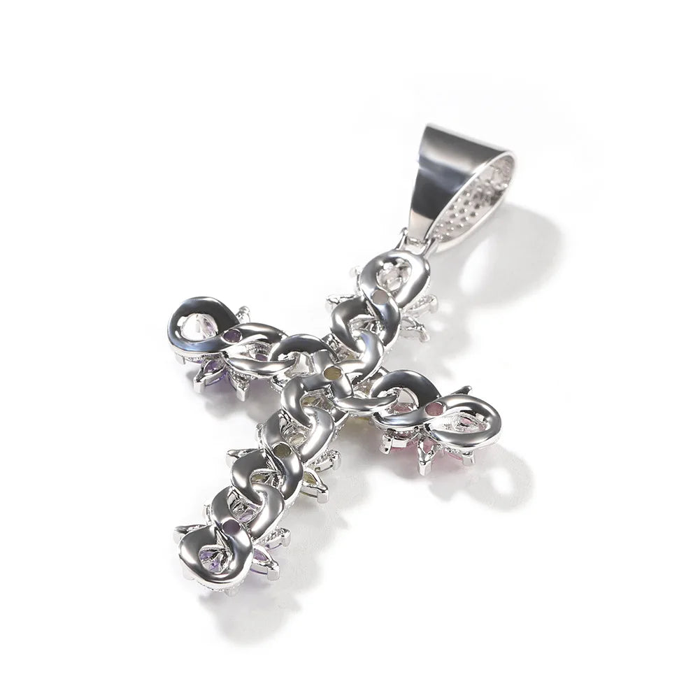 Luxury Multi-colored Zircon Large Cross Necklace 8.7cm Statement Cross Pendant Lariat Sweater Chain Hip-Hop Necklace