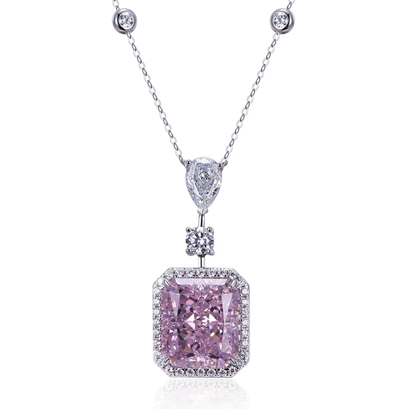 Messi Jewelry MSN-659 Pink Necklace Cubic Zirconia Radiant Cut Pear Silver Pendant for Daily Decorations