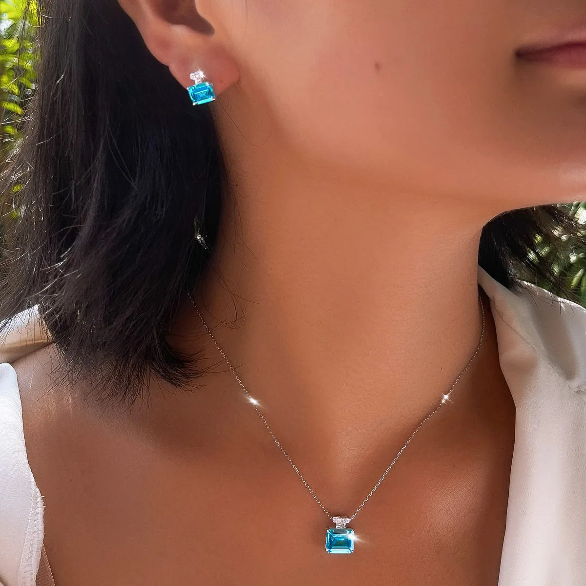 S&S Aqua Blue CZ Emerald Cut Pendant Necklace & Stud Earrings Set | 925 Silver Rhodium Plated | S&S Collection