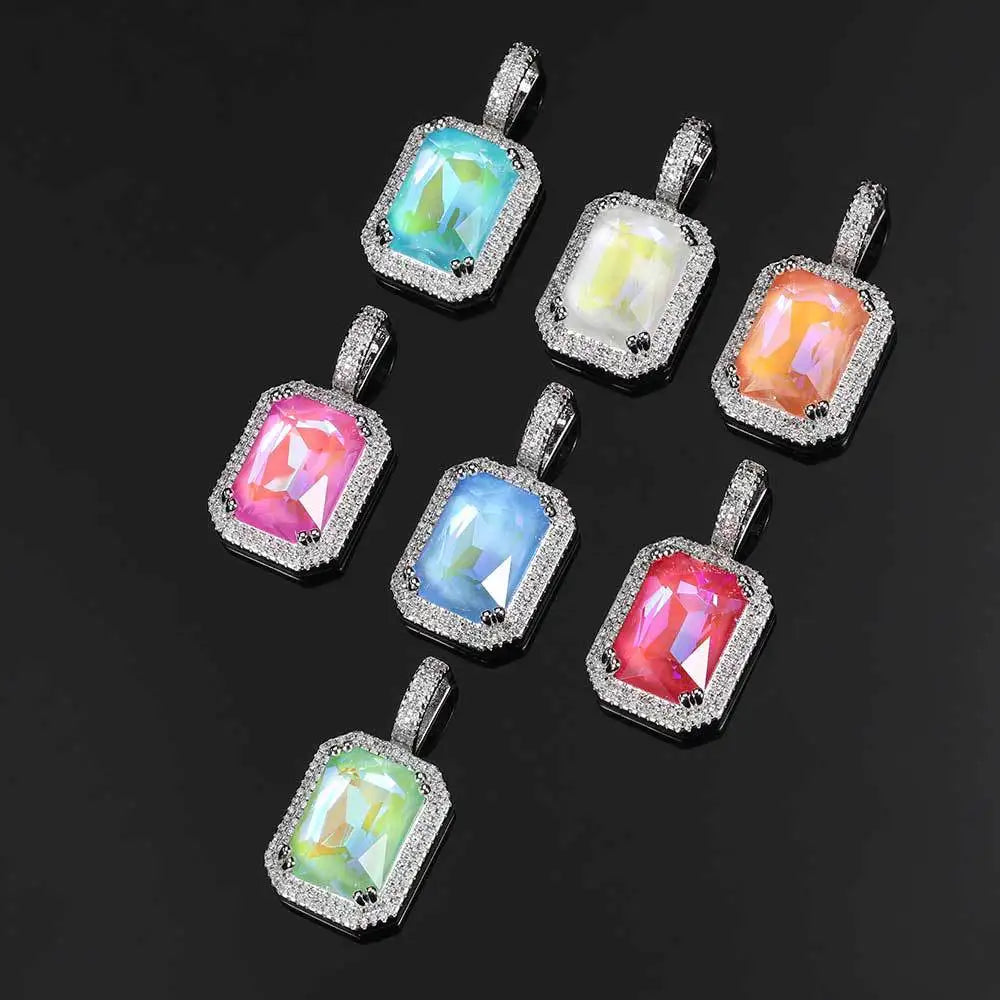 Luxury Bling Cubic Zirconia Jewelry Square Large Gemstone Pendant Necklace  for Men and Women Hip-Hop Sweater Chain Necklace