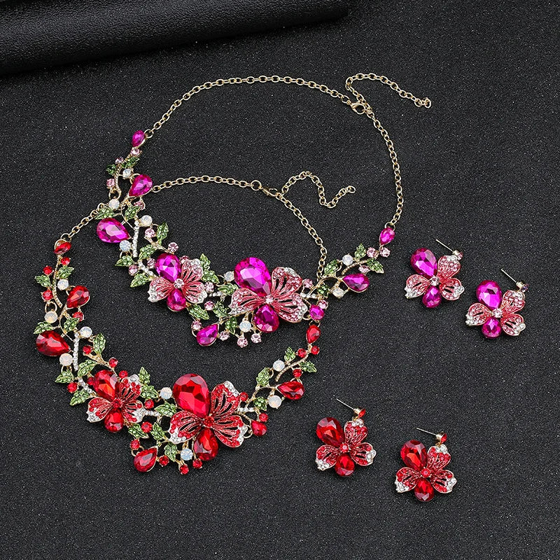 Zircon & Pearl Flower Necklace & Earrings Jewellery Set | Romantic Bridal Fashion Set