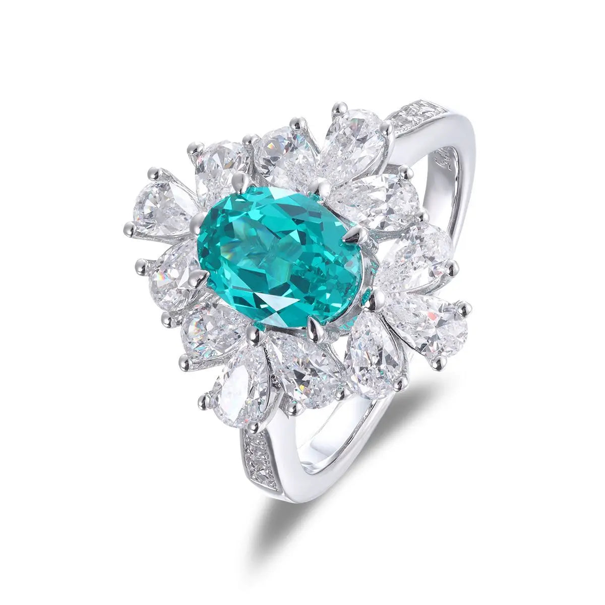 Mixed-Cut Halo Oval Lab-Grown Paraiba Tourmaline Statement Ring S925 Silver Rhodium Plated Gemstone Jewelry for Luxury Vacation