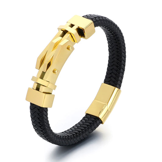 KALEN 210mm Vintage Premium Stainless Steel&Cowhide Leather Bracelet