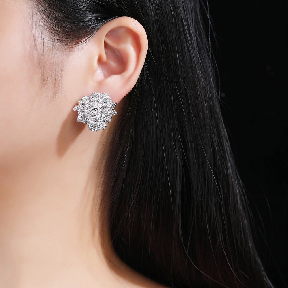 MUSHAN Jewelry Factory S925 Sterling Silver Rose Stud Earrings Electroplated Gold High Carbon Diamond Light Luxury Accessories