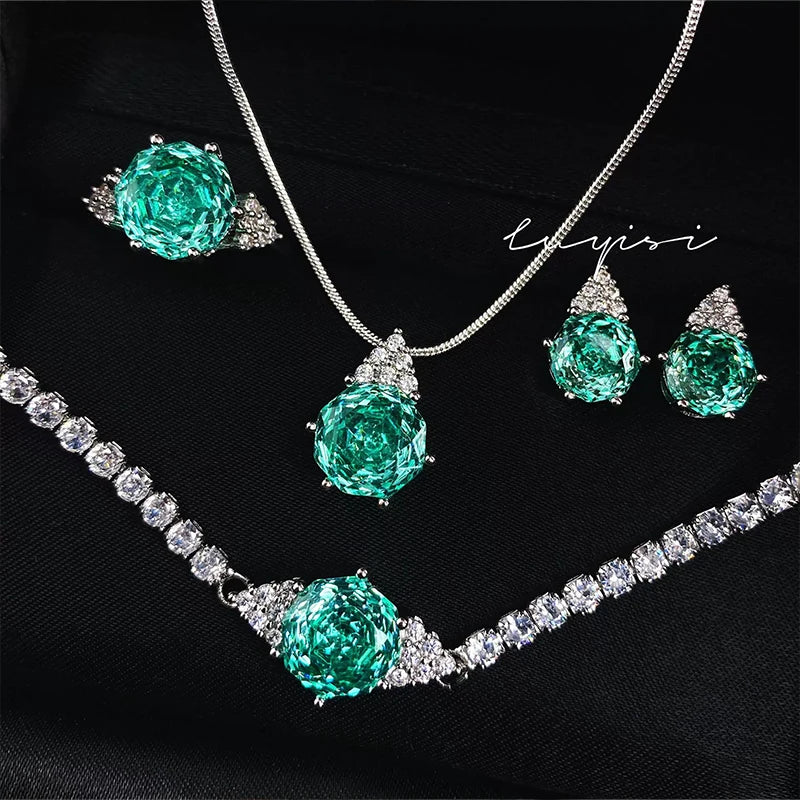 Women's Fine Rhodium Plated Zircon Bridal Jewelry Set Pendant Necklace Bracelet Ring Wedding Engagement Party Ball Trendy