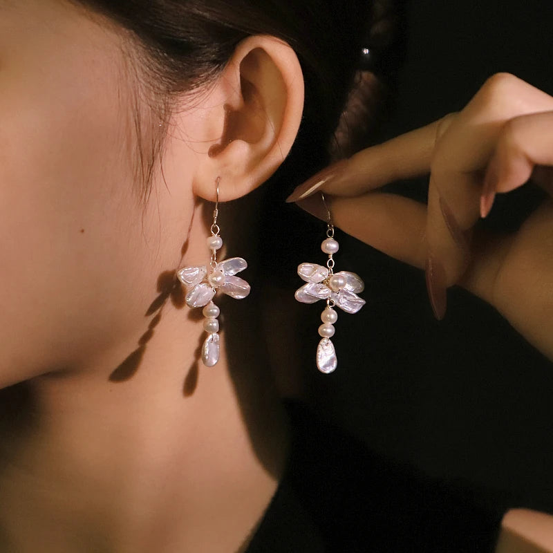 Natural Freshwater Pearl Baroque Dragonfly Earrings Handmade Creative Design High-Quality Earrings Gift for Wife Banquet GE1794