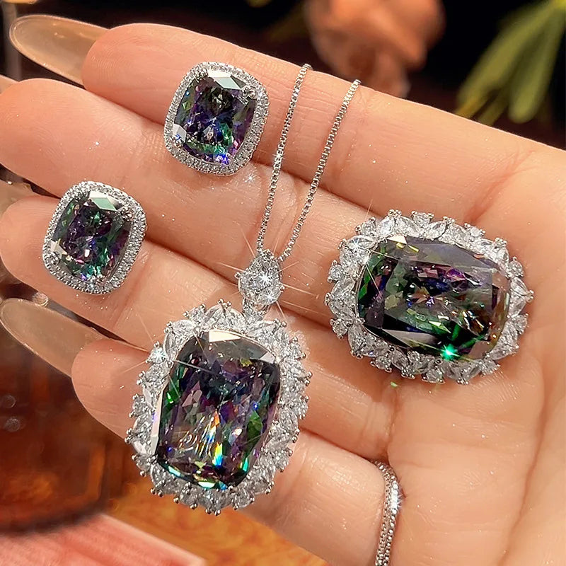 S&S Gold Plated Vintage Zircon Jewellery Set – Pendant, Ring & Earrings – Cushion Cut – Collection