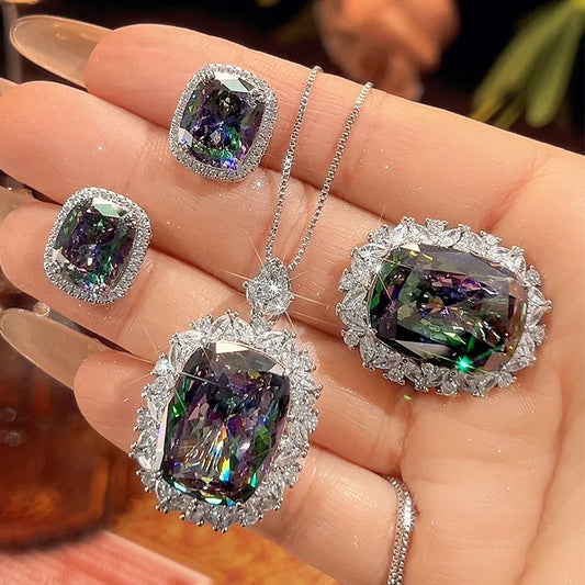 S&S Gold Plated Vintage Zircon Jewellery Set – Pendant, Ring & Earrings – Cushion Cut – Collection
