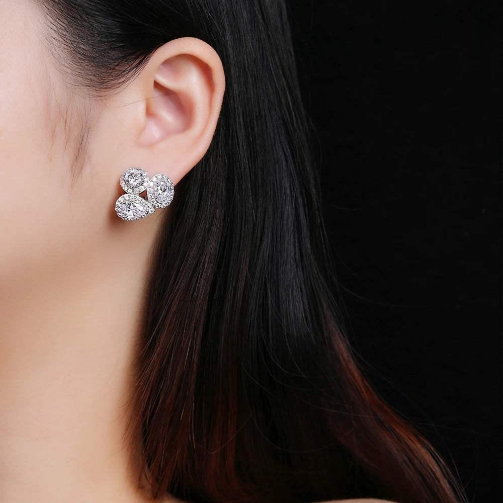 SILVERELLI High Carbon Diamond Stud Earrings | S925 Sterling Silver | White Gold Plated | Classic Geometric