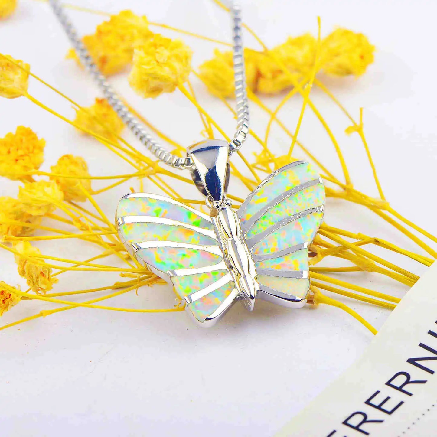 Aobao Christian White Copper Silver Plated Sweater Chain Butterfly Necklace Trendy Forest Butterfly Pendant Jewelry Opal Inlay
